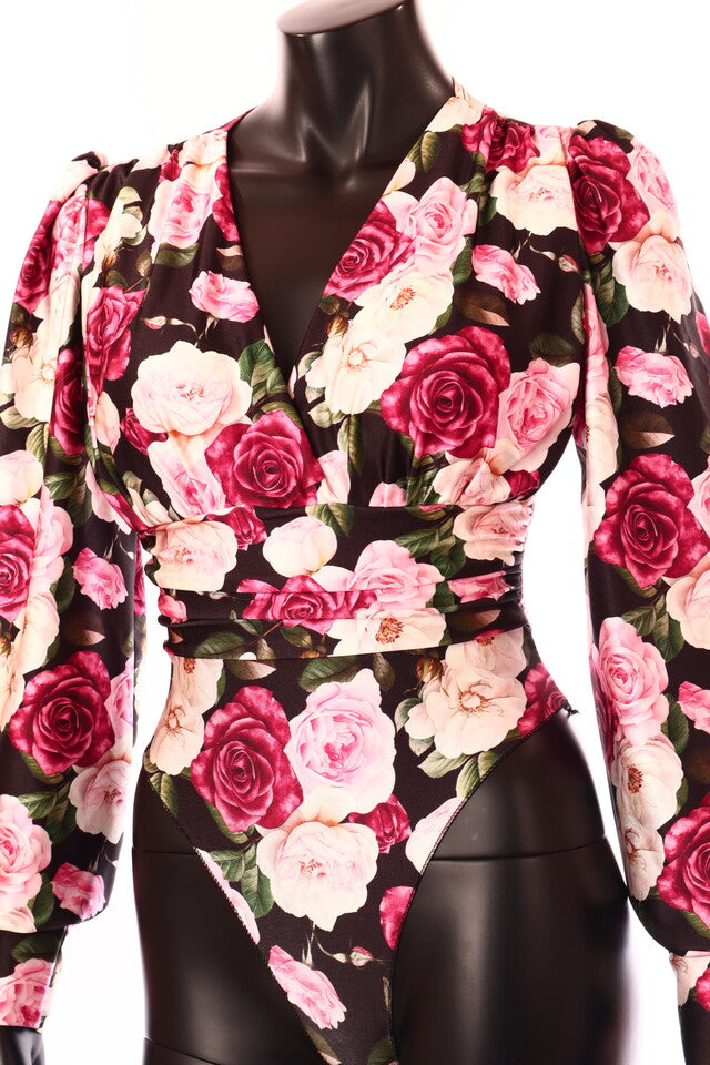 olasz női virág mintás body hosszú ujjú V nyakú