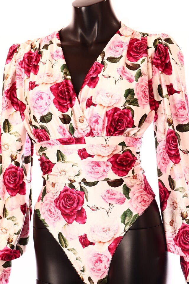 olasz női virág mintás body hosszú ujjú V nyakú