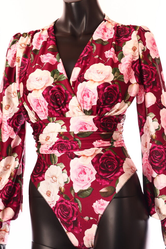 olasz női virág mintás body hosszú ujjú V nyakú