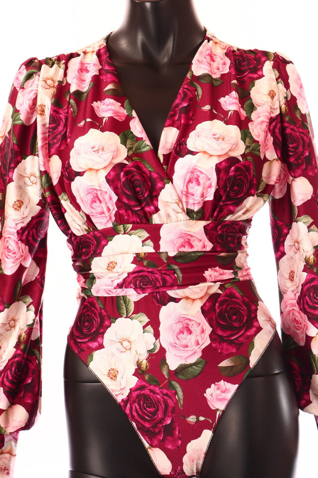 olasz női virág mintás body hosszú ujjú V nyakú