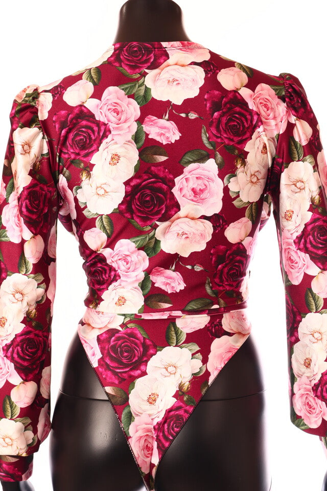 olasz női virág mintás body hosszú ujjú V nyakú