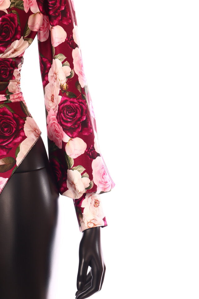 olasz női virág mintás body hosszú ujjú V nyakú