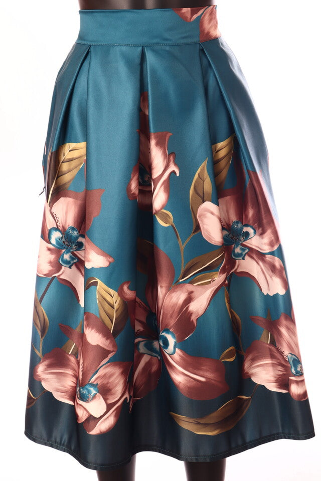 olasz női virág mintás szatén szoknya midi A vonalú
