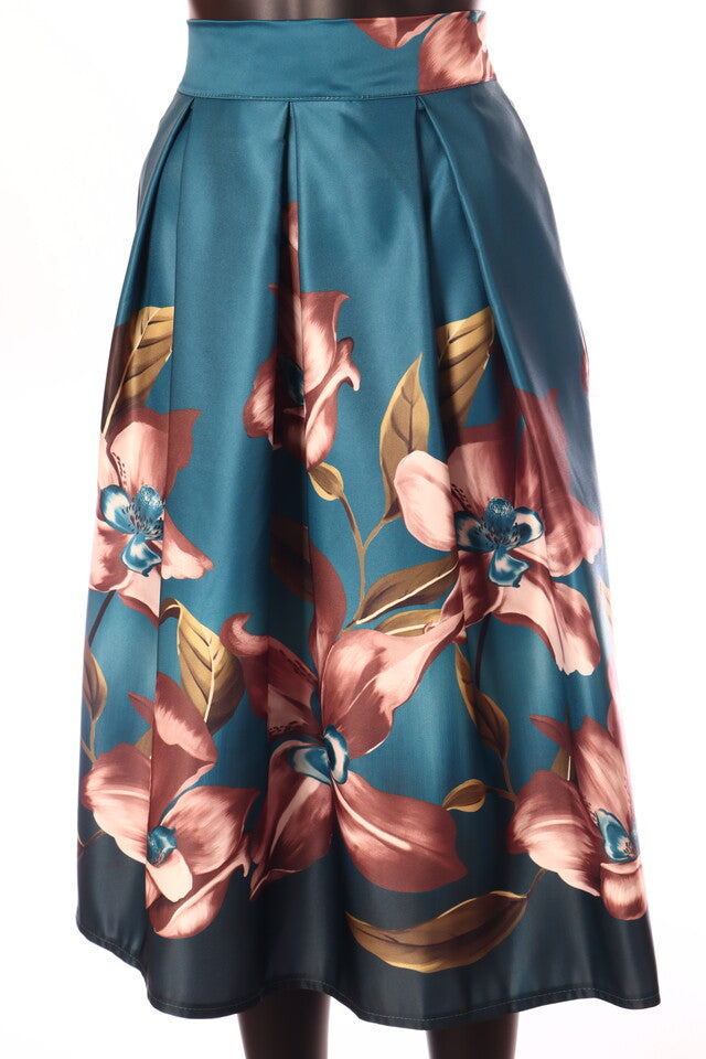 olasz női virág mintás szatén szoknya midi A vonalú