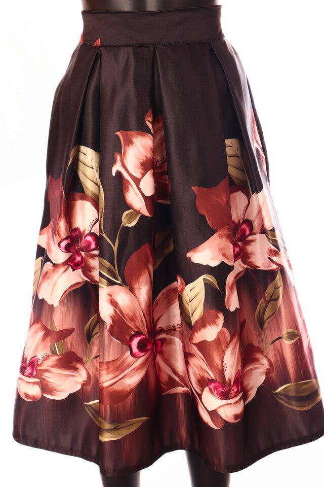 olasz női virág mintás szatén szoknya midi A vonalú