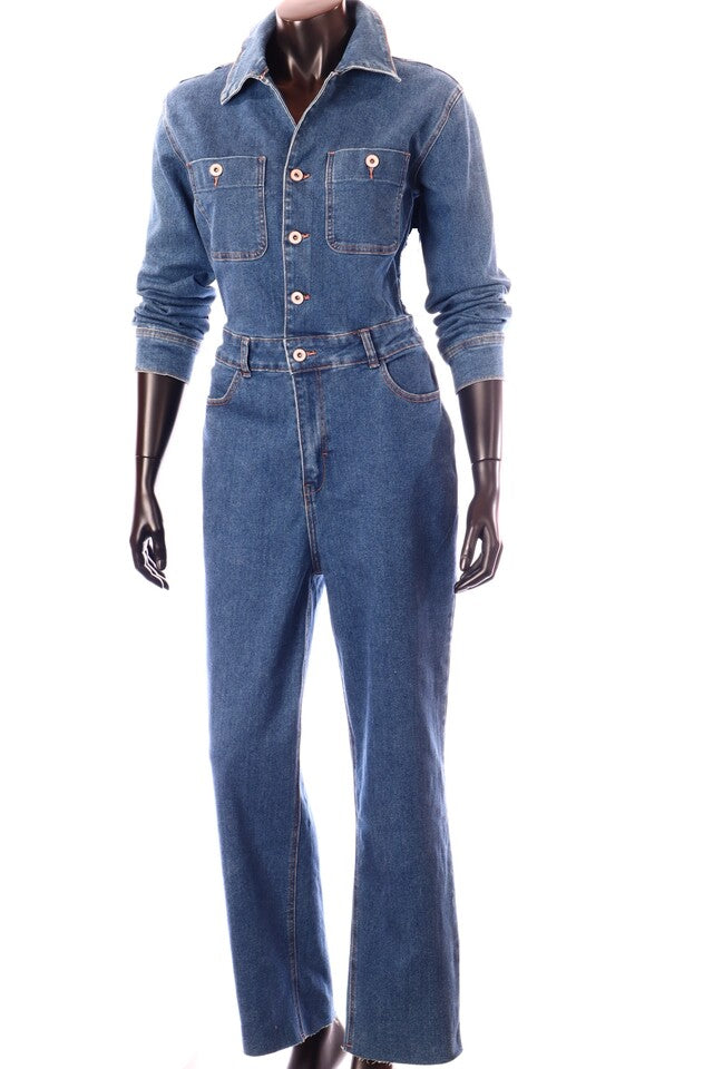 olasz női farmer overál hosszú ujjú hosszú V nyakú