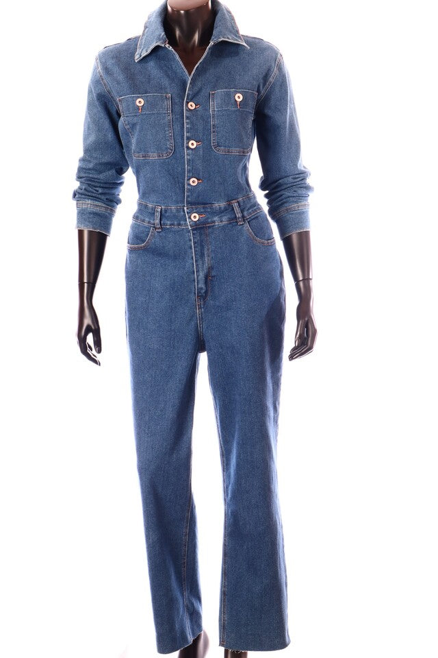 olasz női farmer overál hosszú ujjú hosszú V nyakú