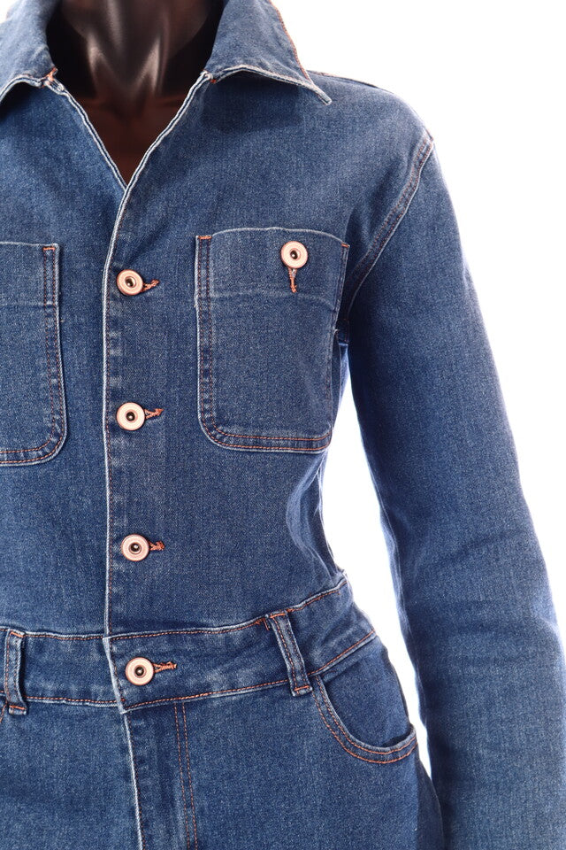 olasz női farmer overál hosszú ujjú hosszú V nyakú