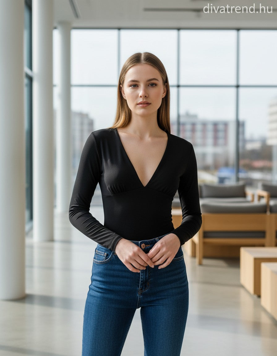 olasz női body hosszú ujjú alakhangsúlyozó V nyakú