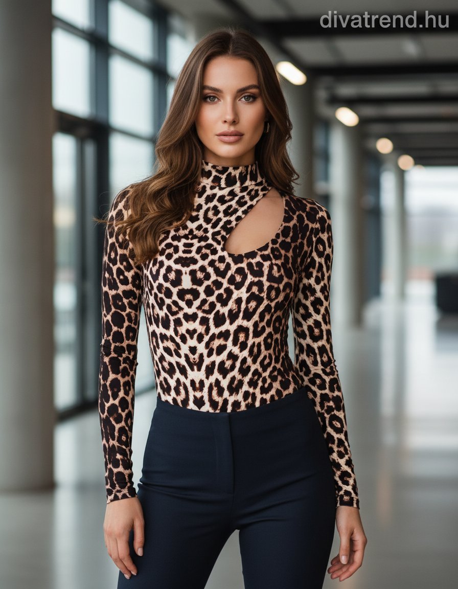 Lovery női állat mintás body hosszú ujjú alakhangsúlyozó magas nyakú