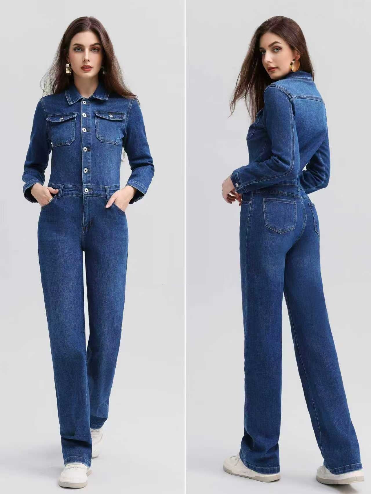 KissPink női farmer overál hosszú ujjú hosszú kerek nyakú