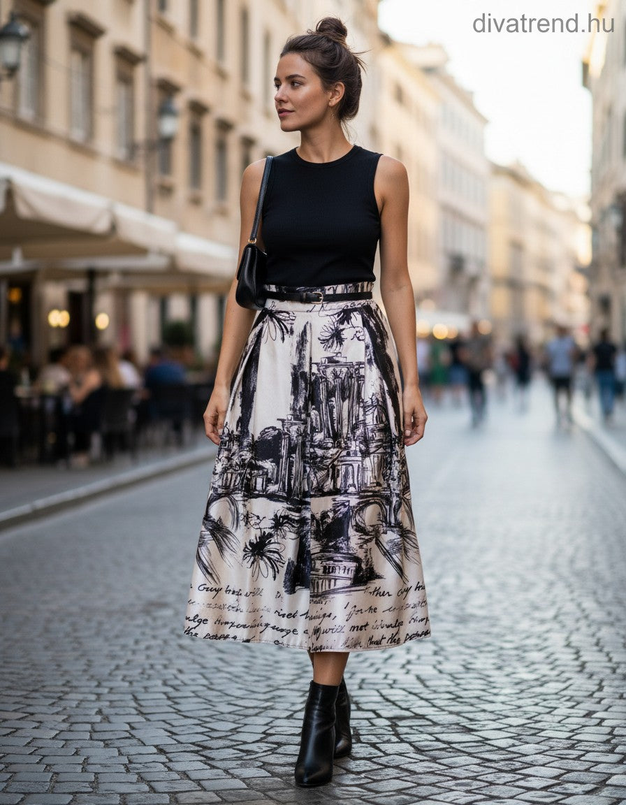olasz női grafika mintás szatén szoknya midi A vonalú