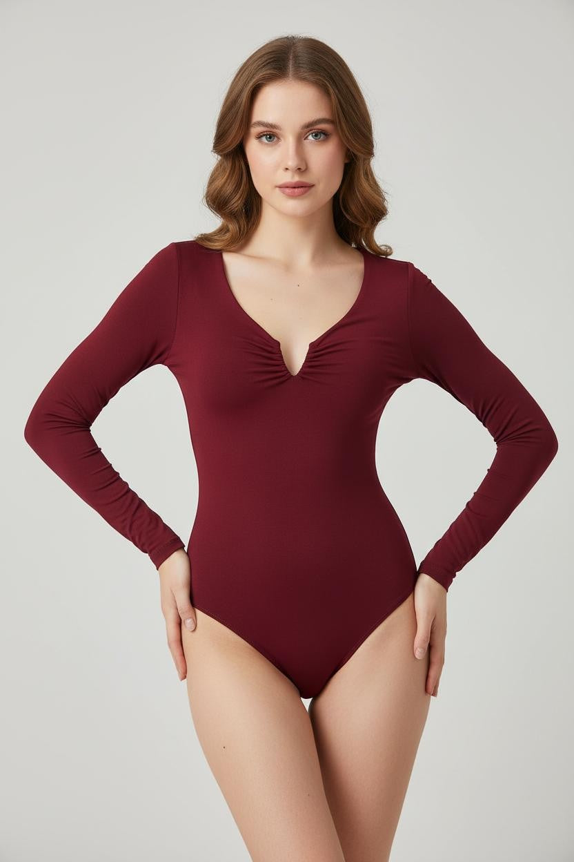 olasz női body hosszú ujjú alakhangsúlyozó V nyakú