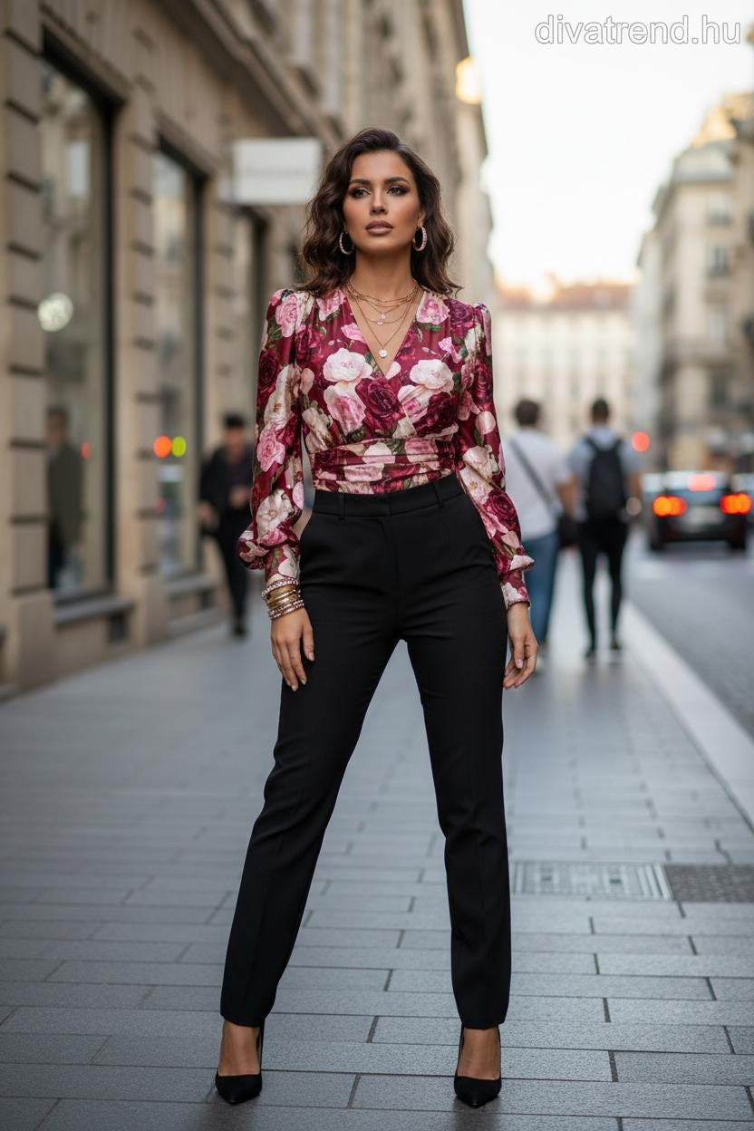 olasz női virág mintás body hosszú ujjú V nyakú