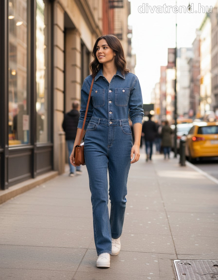 olasz női farmer overál hosszú ujjú hosszú V nyakú