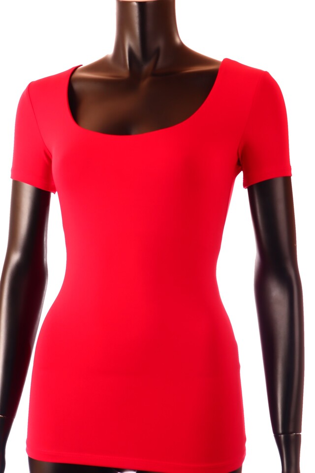 piros női póló U nyakú