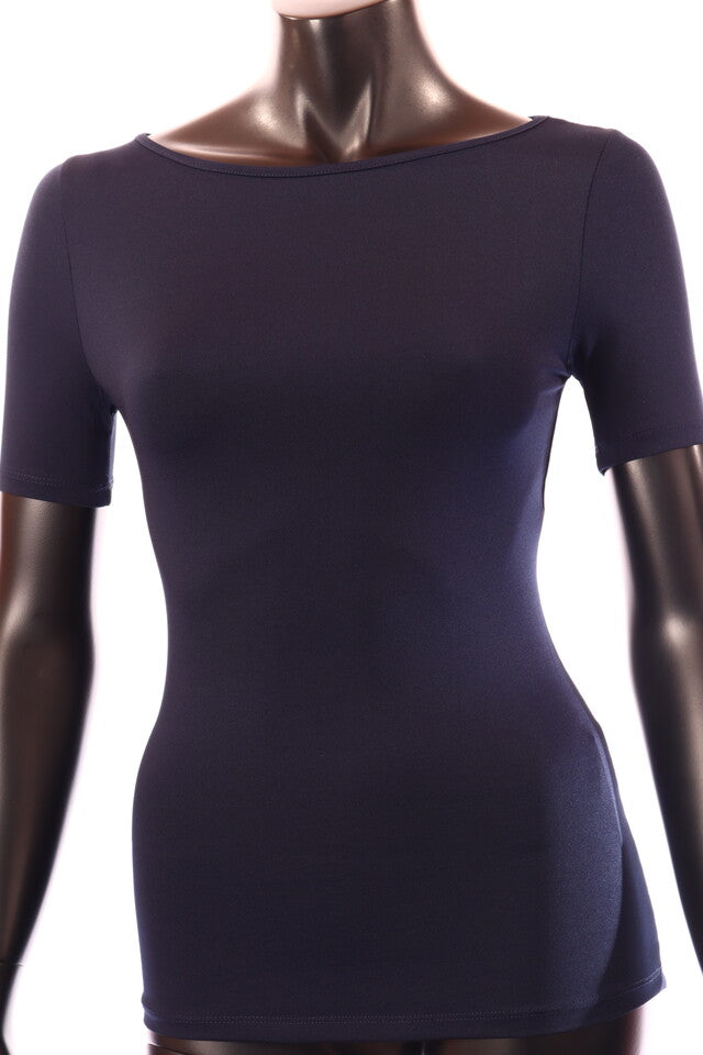 kék sötét női póló csónak nyakú testhezálló