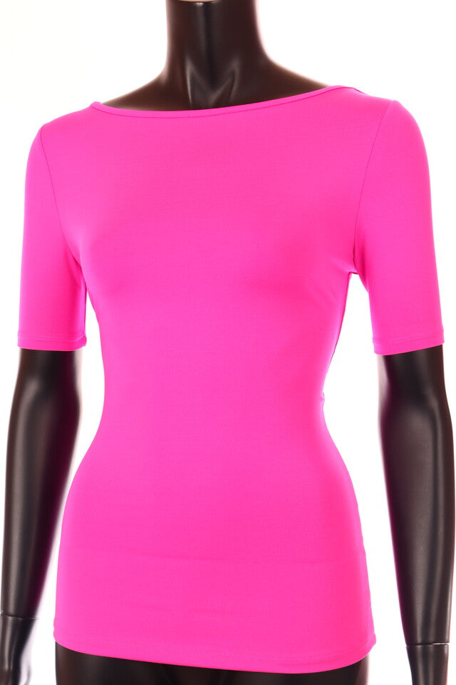 fukszia közép női póló csónak nyakú testhezálló