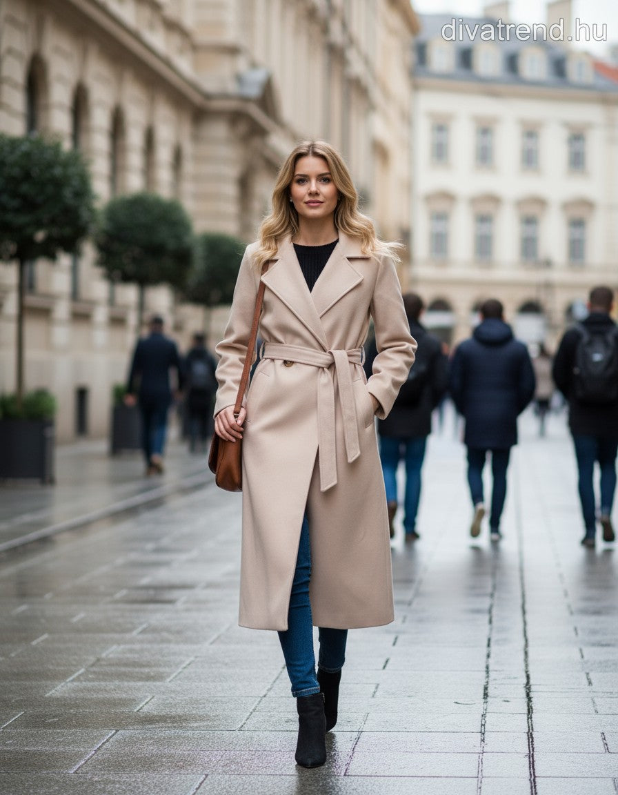 női hosszú szövetkabát kötővel bézs