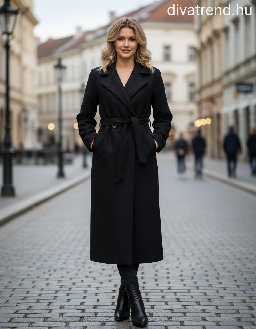 női hosszú szövetkabát kötővel fekete