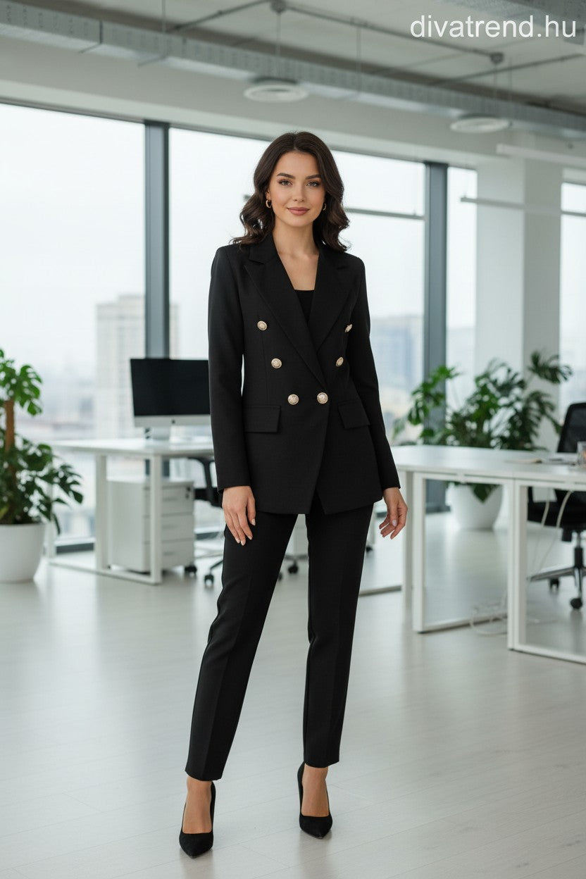 női blézer, dupla gombsoros fekete