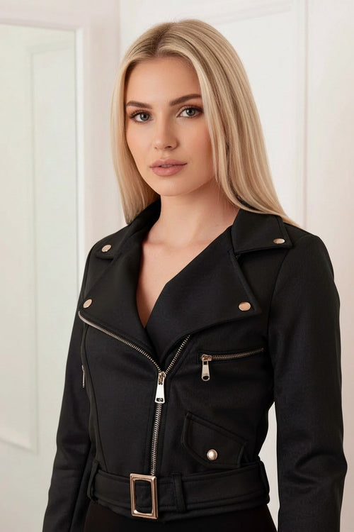 fekete velúr kabát övvel