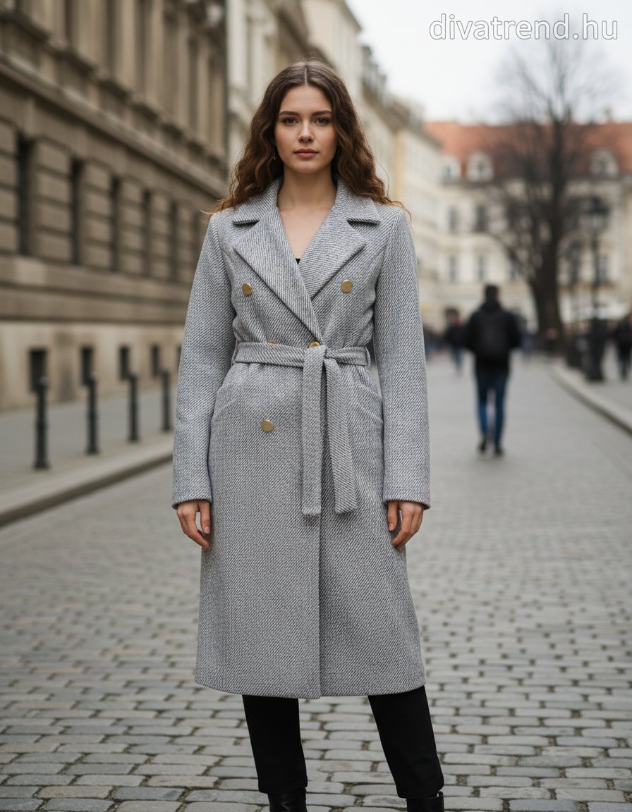 női hosszú szövetkabát V-myakú kötővel szürke