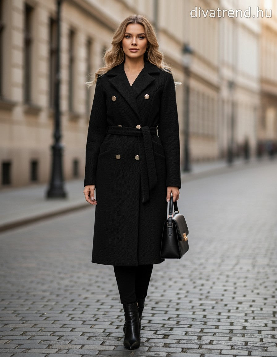 női hosszú szövetkabát V-myakú kötővel fekete