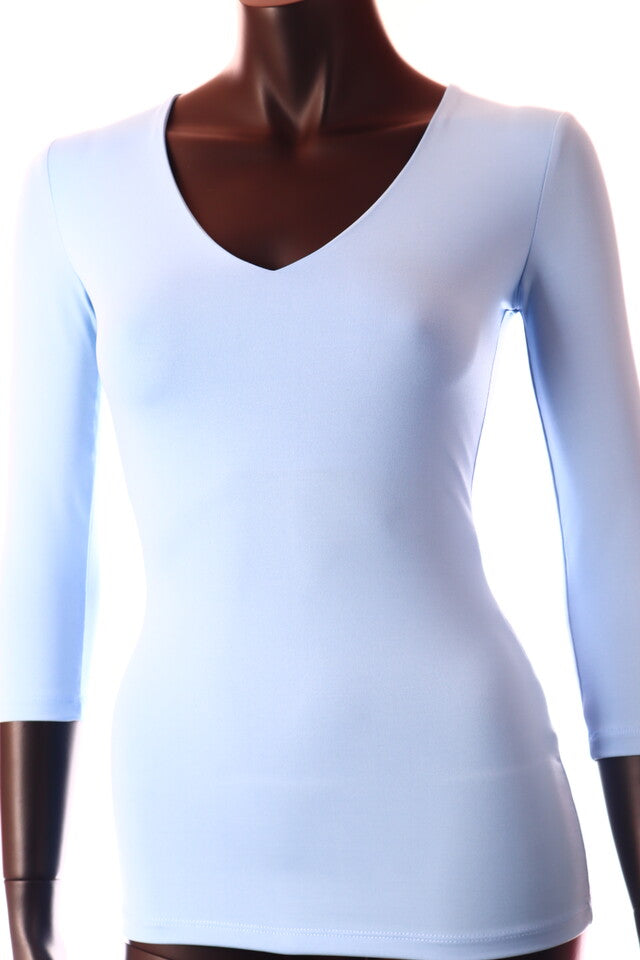 kék világos női felső 3/4 ujjú V-nyakú