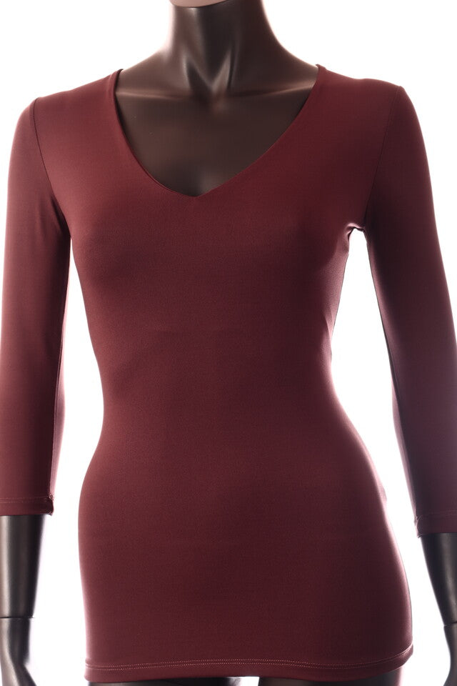 barna sötét női felső 3/4 ujjú V-nyakú