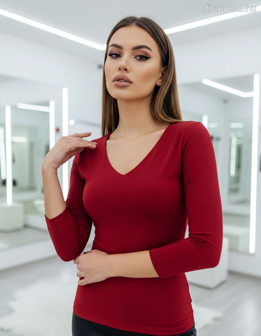 bordó női felső 3/4 ujjú V-nyakú