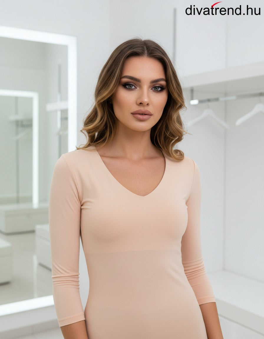 púder női felső 3/4 ujjú V-nyakú