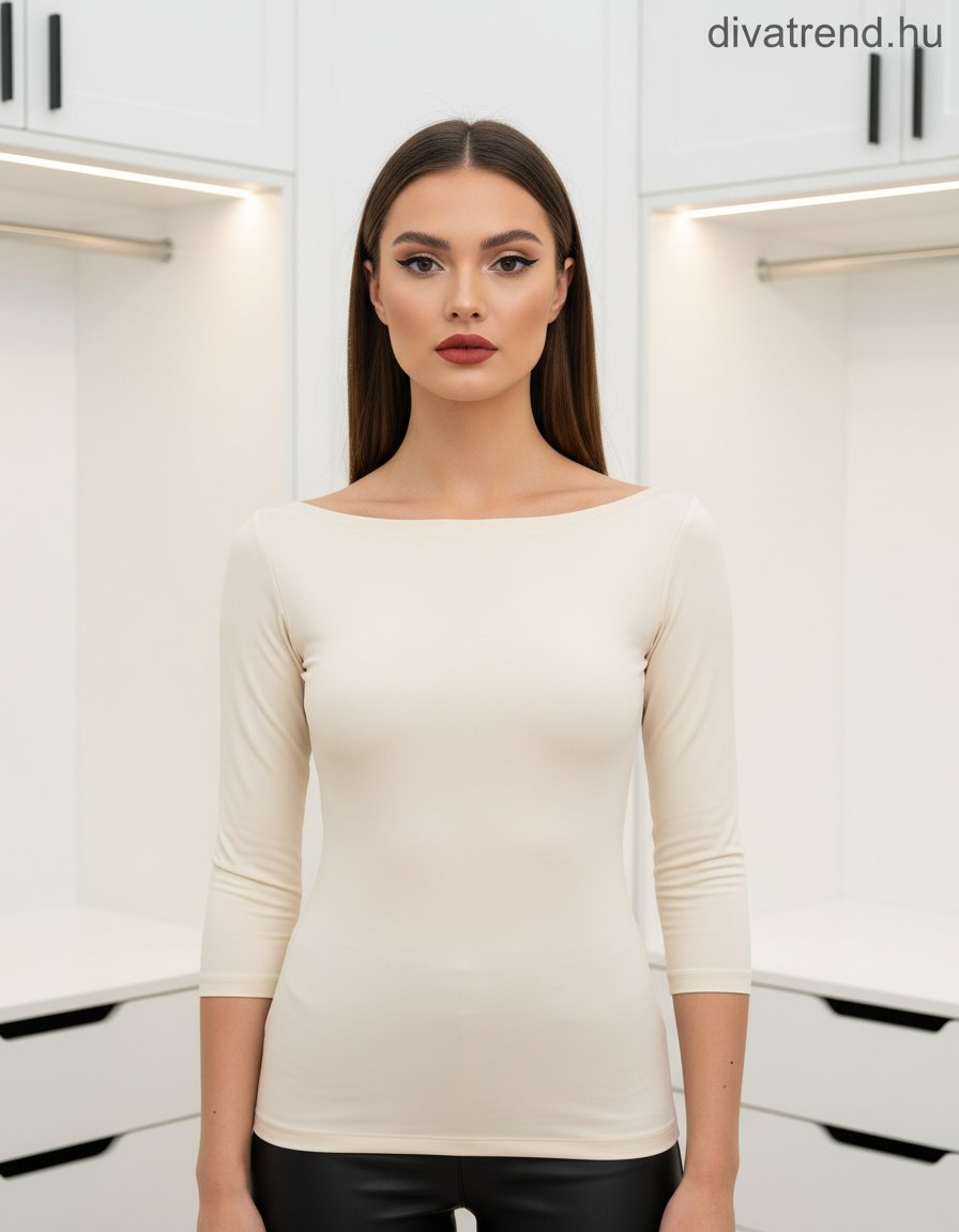 bézs világos Kikiriki női felső 3/4 ujjú csónak nyakú
