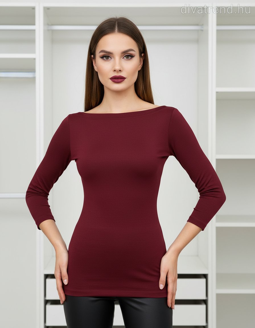 bordó közép Kikiriki női felső 3/4 ujjú csónak nyakú