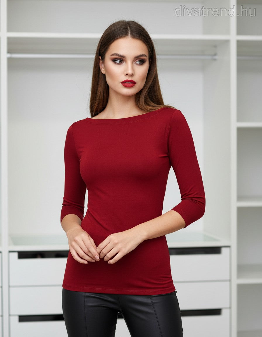 bordó Kikiriki női felső 3/4 ujjú csónak nyakú