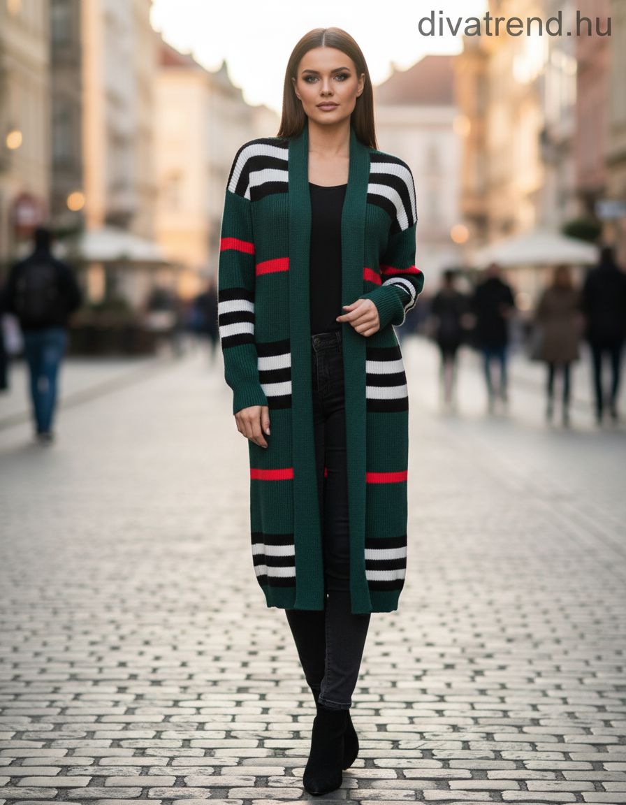 zöld női csíkos hosszú kardigán