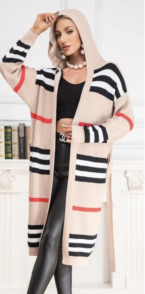 bézs női csíkos hosszú kardigán