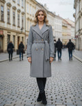 női hosszú átlapolt gombos szövetkabát kötővel szürke
