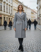 női hosszú átlapolt gombos szövetkabát kötővel szürke