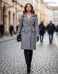 női hosszú szövetkabát V-myakú szürke