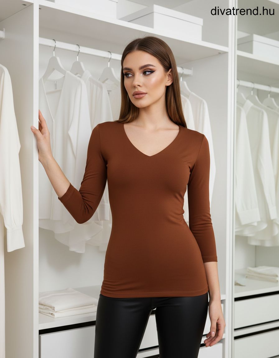 barna közép női felső 3/4 ujjú V-nyakú
