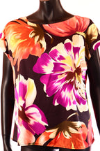 olasz női virág mintás szatén blúz rövid ujjú kerek nyakú