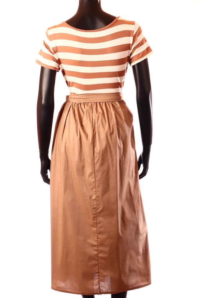 olasz női csíkos ruha rövid ujjú A vonalú kerek nyakú maxi