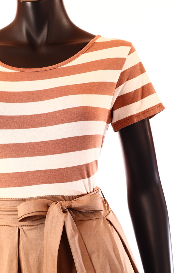 olasz női csíkos ruha rövid ujjú A vonalú kerek nyakú maxi