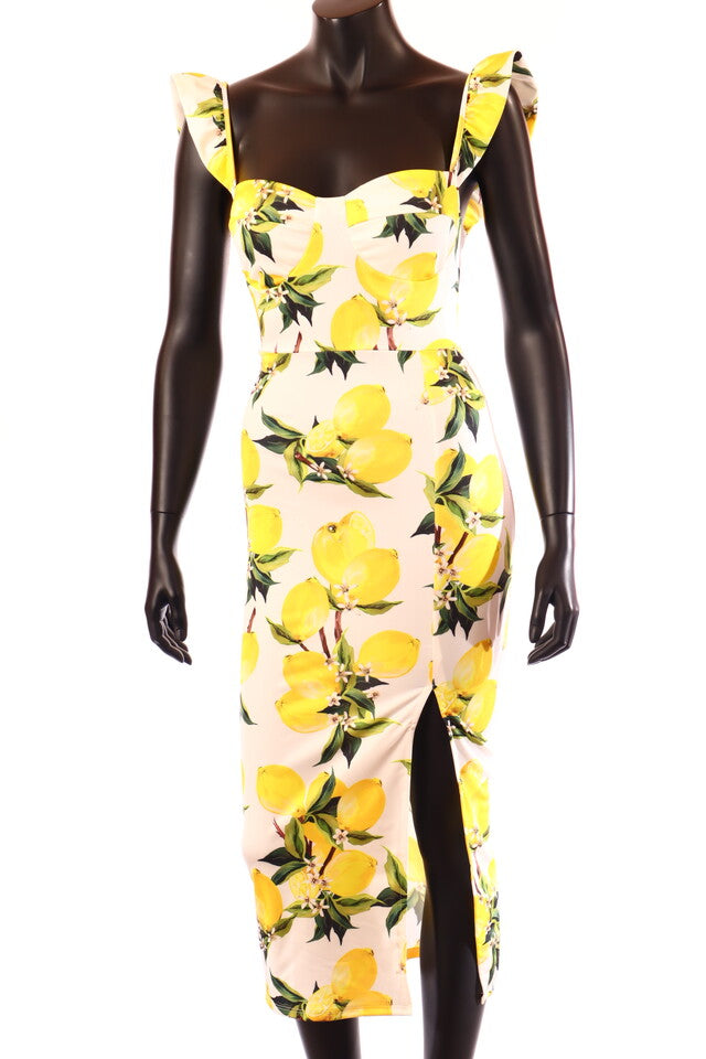 ProntoModa női gyümölcs mintás vékony ruha ujjatlan alakhangsúlyozó V nyakú midi