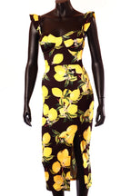 ProntoModa női gyümölcs mintás vékony ruha ujjatlan alakhangsúlyozó V nyakú midi