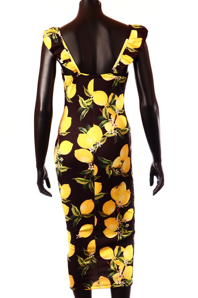 ProntoModa női gyümölcs mintás vékony ruha ujjatlan alakhangsúlyozó V nyakú midi