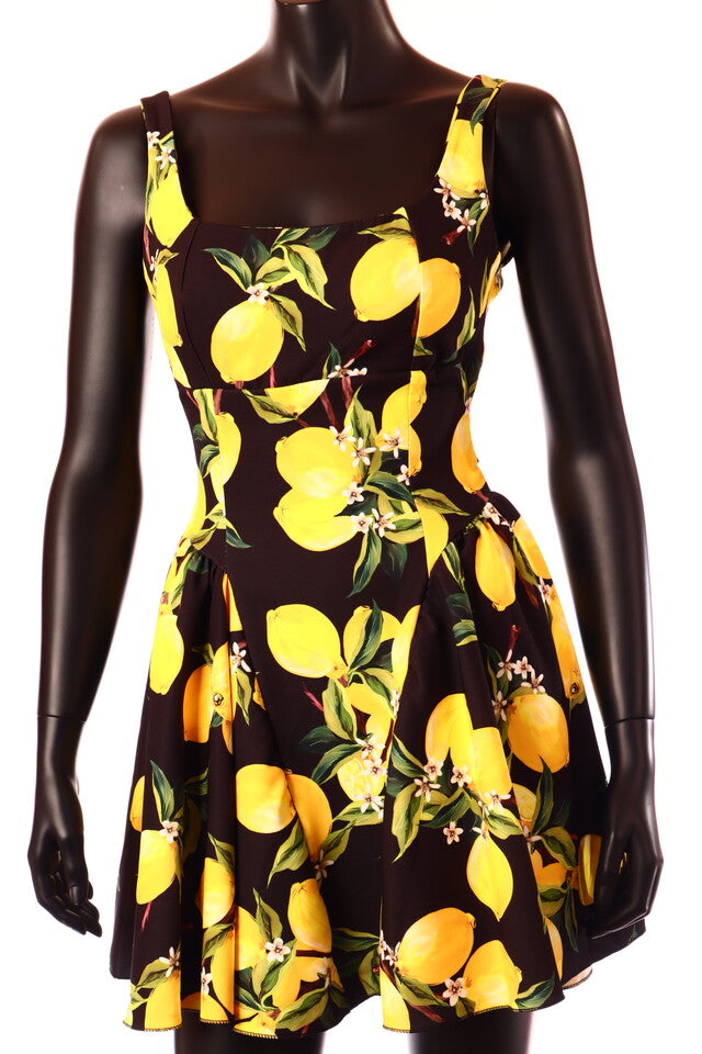 olasz női gyümölcs mintás ruha ujjatlan csónak nyakú térd