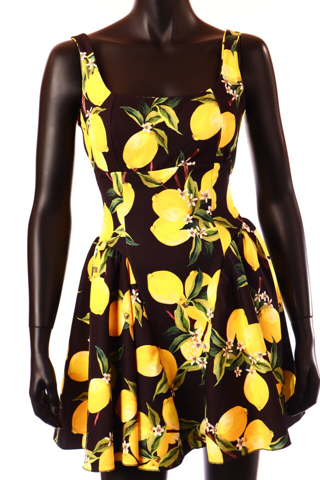 olasz női gyümölcs mintás ruha ujjatlan csónak nyakú térd