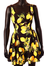 olasz női gyümölcs mintás ruha ujjatlan csónak nyakú térd